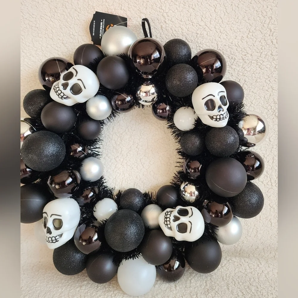 New Target 16in Halloween wreath with skulls black and white', shatterproof